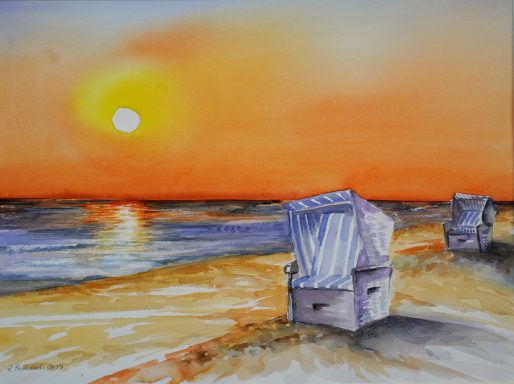 Strandkörbe Nr.11 Strandkörbe am Strand von Sylt im Sonnenuntergang als Aquarell