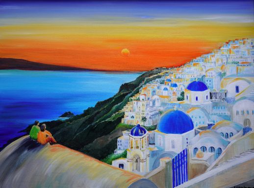 Santorin 129 80x60 Santorin im Abendrot. Ein Paar sitzt auf dem gewölbten Dach eines Hauses und wartet auf den Sonnenuntergang.