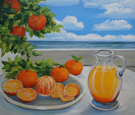 Orangen Nr.145 80x80 Orangen und blauer Sommerhimmel - hier sorgen alleine die komplementären Farben für Harmonie und wecken Sehnsucht nach dem Süden.