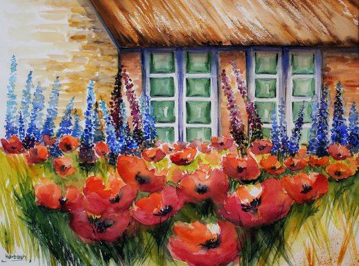 Sylter Haus Nr.12 Sylter Haus mit Mohn und Rittersporn im Vorgarten als Aquarell