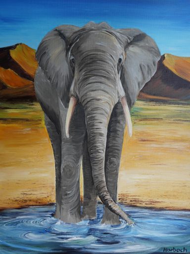 Elefant 134 60x80 in Elefant steht frontal in seiner ganzen Größe das Bild ausfüllend an einem Wasserloch.