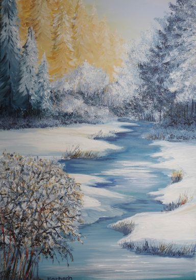Eisiger Fluss Nr.130 50x70 Winter am Fluss mit viel Schnee und eisiger Landschaft