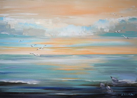 Möwen am Strand Nr.79 70x50 Möwen sitzen und fliegen am Strand. Kurz bevor der Tag entgültig anbricht. Eine Meeresimpression in Grün und Orange.
