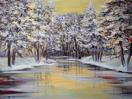 Winter am Fluss Nr.76 70x50 Die Sonne geht unter und spiegelt sich golden im Flusslauf.