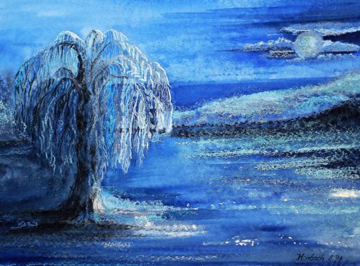 Blauer Baum Nr.21 Ein Blauer Baum im Vollmond als Aquarell mit Wachskreide