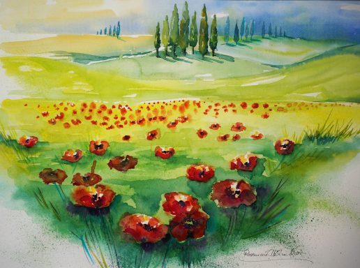 Mohnwiese Nr.6 Ein Mohnfeld in der Toskana in Italien als Aquarell