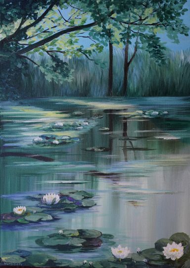 Ruhe am Teich 127 50x70 Ein Idyll am Teich: ruhiges Wasser und Seerosen