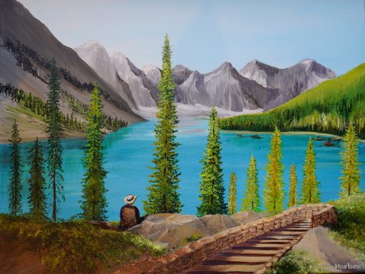 Moraine Lake Nr.141 80x60 Ein Wanderer sitzt hoch über dem Ufer des Moraine Lakes und schaut ins türkisblaue Wasser...