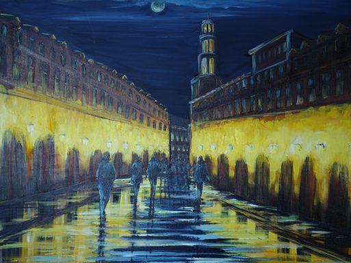 Vollmondnacht Nr.58 80x60 Nach dem Regen ein Spaziergang im Vollmond zwischen hohen Stadthäusern
