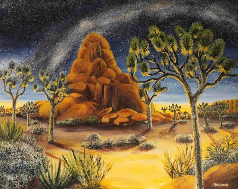 Yoshua Tree NP Nr.52 100x80cm Der Yoshua-Tree-Nationalpark in den USA bei Nacht mit Milchstraße und mit Bergsteigern in den Felsen.