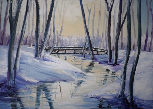 Winter am Fluss 51 77x57 Ein Flusslauf im Winterkleid. Eine Brücke führt über den Fluss. Alles ist in Schnee gehüllt.
