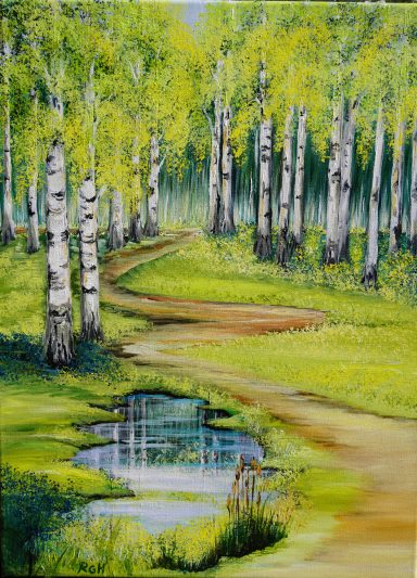 Birkenwald am Teich 157 60x80 Ein Wanderweg führt an einem Teich vorbei in einen kleinen Birkenwald. Der Wald spiegelt sich in dem Teich...