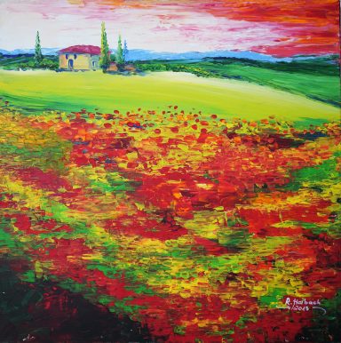 Mohnwiese Nr.82 60x60 In der Toskana in Italien gibt es viele Mohnwiesen. Hier in Abstraktion mit Spachtel gemalt.