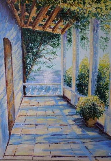 Sonnenterrasse 146 50x60 Eine lichtdurchflutete Sommerterrasse am Meer in Italien. Das gleißende Licht wirft Schatten auf die der Ballustrade gegenüberliegende Wand.