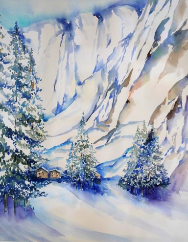 Föhn im Gebirge Nr.10 Aquarell , das den Föhn im Gebirge im Winter zeigt