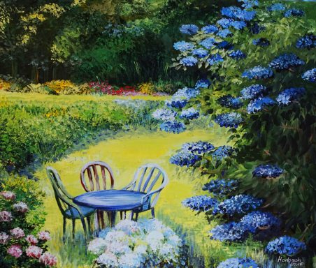 Gartenimpression 143 60x50 Eine lauschige Gartenecke mit Tisch und drei Stühlen umgeben von Rhododendren