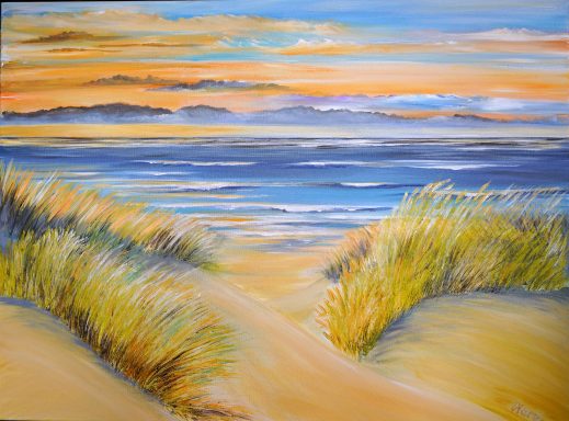 Morgen am Meer 137 80x60 Ein friedlicher Morgen am Meer von den Dünen her betrachtet. Die Sonne geht langsam auf. Das Meer ist relativ ruhig.