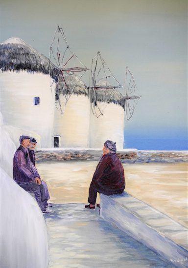Mykonos Nr.98 70x50 Windräder auf Mykonos in Griechenland und eine friedliche Männer-Gesprächsrunde im Vordergrund