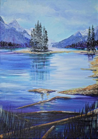 Spirit Island 41 57x77 Die Insel Spirit Island in Kanada liegt inmitten eines Sees umgeben von Gebirgsketten