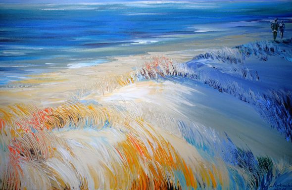 Strandspaziergang Nr.44 70x50 Alleine an einem menschenleeren Strand spazieren. Wer möchte das nicht? Hier ist bewusst das Paar in die Ferne gerückt, um Ruhe zu zeigen.